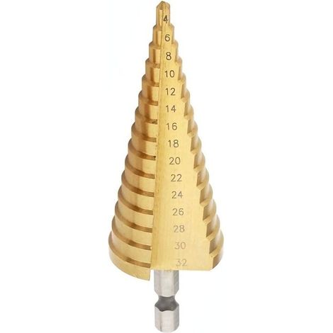 Foret étagé HSS 4-32 mm à rainure droite, revêtement titane, pour bois et métal. (1/5)