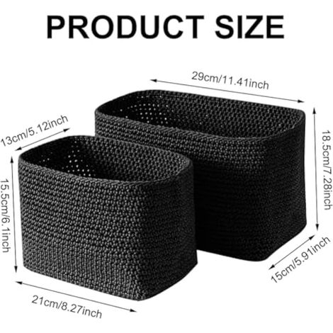 2 paniers de rangement, paniers empilables en corde de coton tressée, paniers tissés pour salle de bain pour serviettes, cosmétiques, jouets, bijoux, petits objets (noir) (1/4)