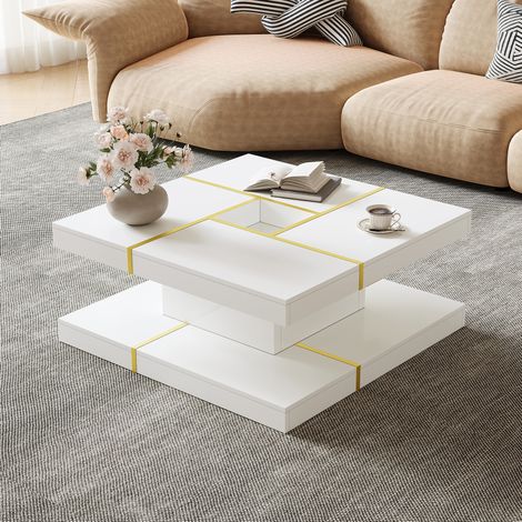 Mesa de centro cuadrada 80x80x38 cm de dos niveles con nicho central, metal dorado, tablero de partículas blanco (1/5)
