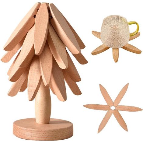 sous-verres - Dessous de verre en bois en forme d'arbre - Sets de table en bois en forme d'arbre - 4 sous-verres + 1 support - Pliables - Décoration de table - Pour poser tasses, bols, théières et ust (1/5)