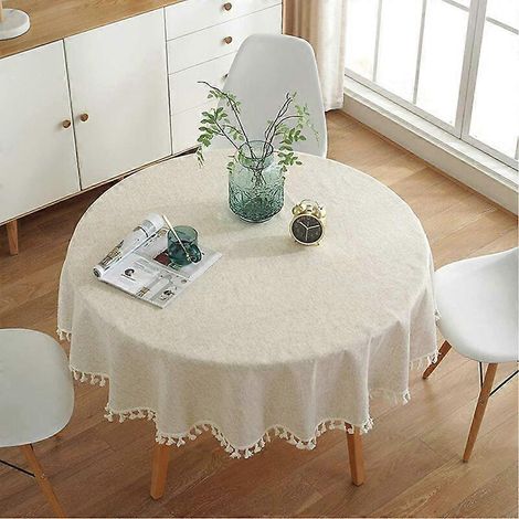 Nappe ronde en coton et lin avec franges, idéale pour décorer votre table de cuisine (60 pouces de diamètre). (1/5)