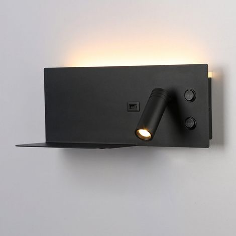 Applique murale noire LED 7W + 3W liseuse USB-C droite 30cm