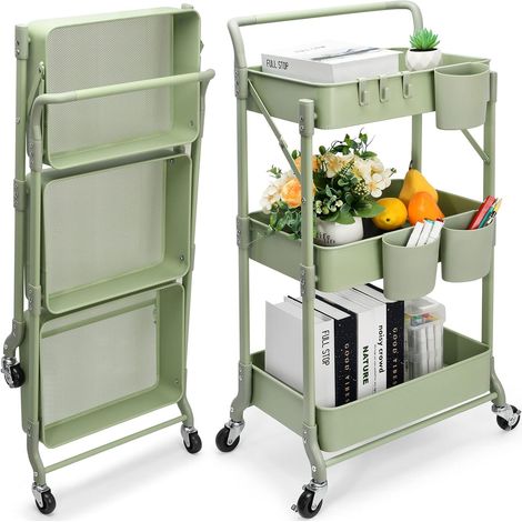 Desserte à Niveaux Aver roulettes Pliante Petit Multifonction Chariot De Rangement pour Cuisine/Buanderie/Salle De Bain/Esthetique (Vert) (1/5)