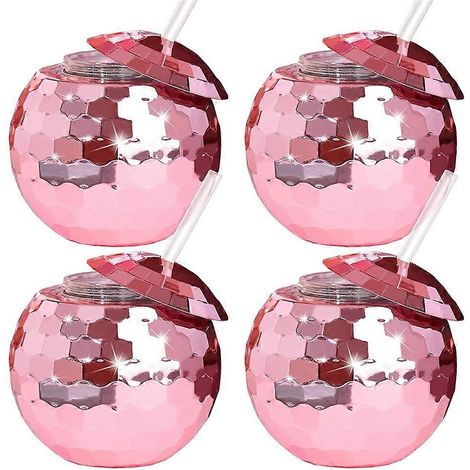 Lot de 4 verres à cocktail uniques à boule disco, accessoires de bar, verres de fête, verres à vin avec paille et lampe torche, couleur or rose (1/5)