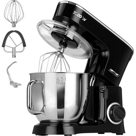MPM MRK-19 Robot Pâtissier Boulangerie Cuisine Ménager Multifonction Bol 6,5 L, 6 Vitesses 2200W Noir / Inox