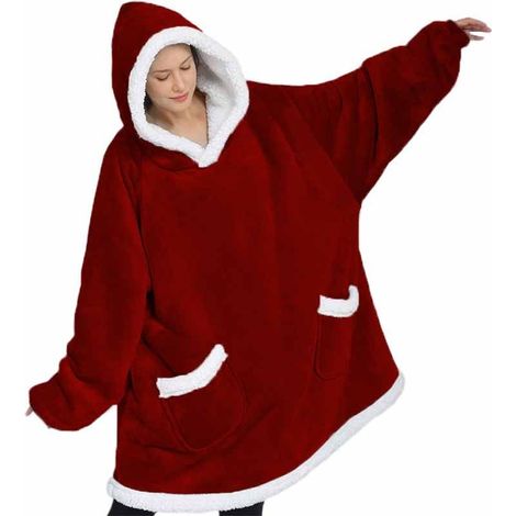 Plaid à Capuche Adulte 118x80cm Plaid Pull Couverture Canapé Polaire avec Manche Femme Homme avec Poche TV Hiver Rouge (1/4)