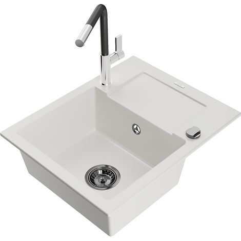 Mexen Enzo lavello in granito a 1 vasca con scolapiatti e miscelatore Flora, bianco - 6506-20-670401-07-B (1/5)
