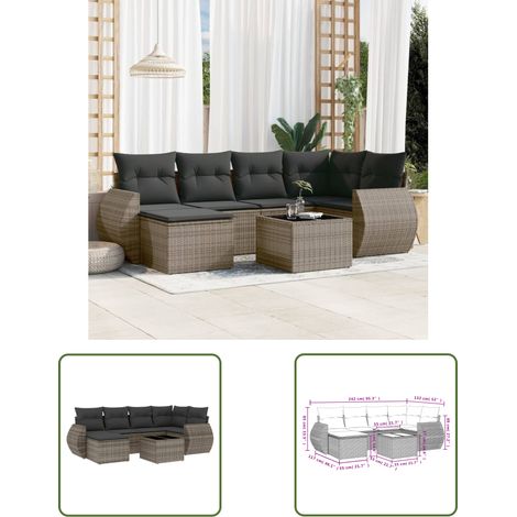 The Living Store Salon de jardin avec coussins 7 pcs gris résine tressée - Ensemble Salon De Jardin - Mobilier De Jardin - Salon D'extérieur - Résine Tressée - Rotin Synthétique (1/3)