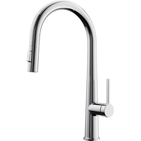 Robinet de cuisine haute pression à arc haut avec douchette extensible - Deux types de jet - Pivotant à 360° - Chromé (1/3)