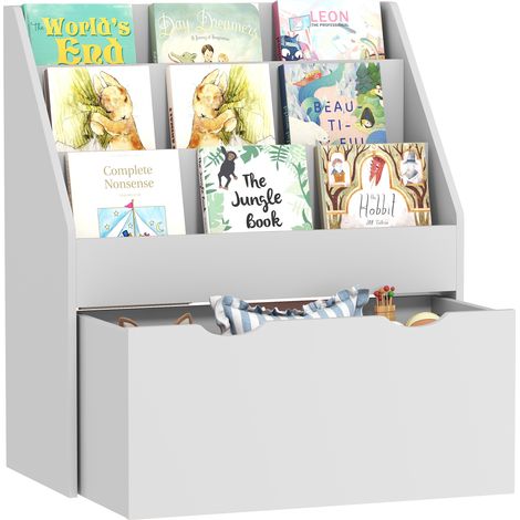AIYAPLAY Kids Bookcase w/ 3 Tier Shelves, Drawer, for Bedroom, Nursery, Grey