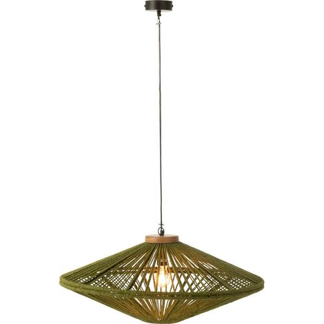 Suspension en fer et jute vert style naturel pour salon élégant - Vert naturel et bois clair (1/4)