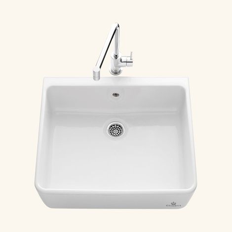 Cuisissimo – Évier timbre d'office céramique blanc 60x50 cm – 1 bac sans égouttoir – Vidage manuel – Bonde et siphon inclus (1/6)