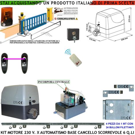 Automazione Cancello Scorrevole da 6 Q.li Kit Motore 230 V Con Centrale Radiocomando Faro Fotocellula Selettore 4 Metri di Cremagliera in Nylon Fine Corsa Accessori Fissaggio Condensatore Pignone Z12