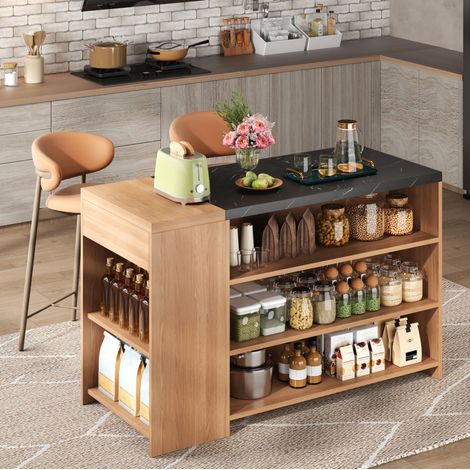 Îlot de cuisine 140x60x90 cm en bois noir, avec rangement, pour salle à manger FloraGrace (1/5)