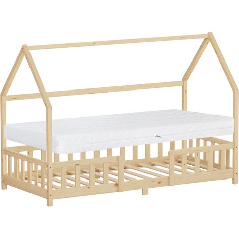 ML-Design Letto a Casetta per Bambini 90x200 cm, Naturale, con Materasso 16 cm e Protezione Anticaduta, in Legno Massello di Pino, Tetto e Rete a Doghe,Stile Montessori, Letto Singolo per Ragazzi