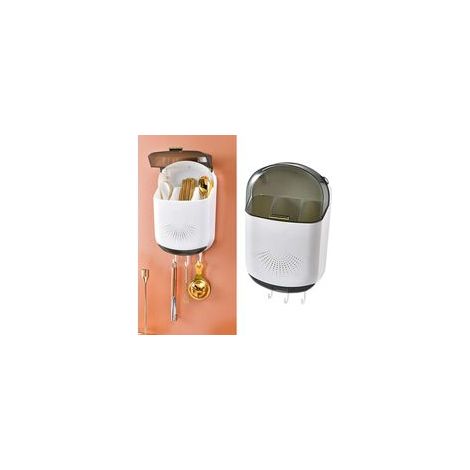 Scolapiatti da cucina a parete con coperchio, scolapiatti multifunzionale per posate, bacchette, cucchiai e forchette (bianco) - Crezuo