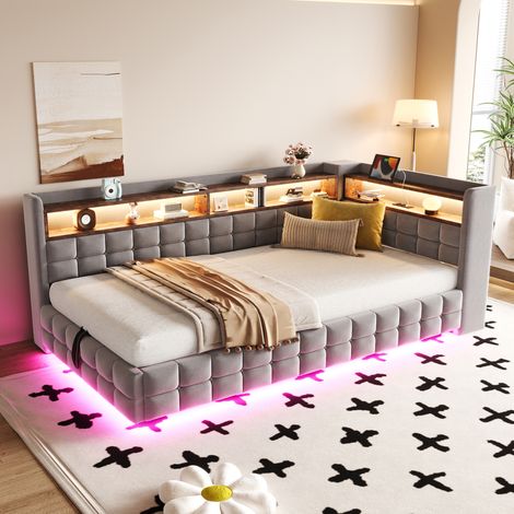 Cama/sofá cama multifuncional tapizada de 90 × 200 cm, con almacenamiento hidráulico, estante de madera, tira de luz LED, toma de corriente, puertos de carga USB y Tipo-C, somier de láminas y tapizado (1/5)