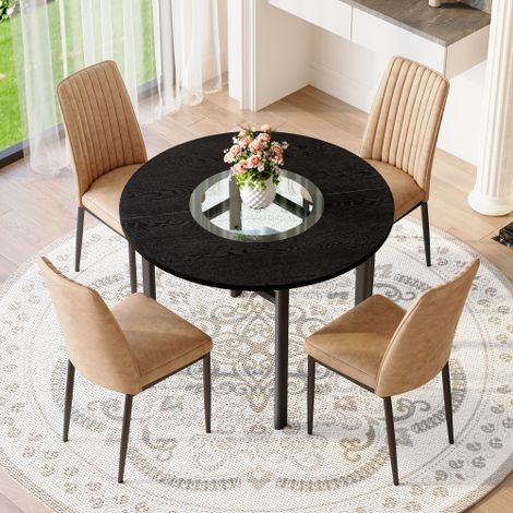 Ensemble table ronde minimaliste moderne (avec compartiment de rangement intégré et 4 chaises de salle à manger marron en tissu technique de haute qualité), table ronde de 100 cm de diamètre aspect bo