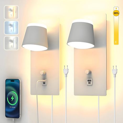 2 Pièces Blanc Appliqués Muraux Avec Prise Et Interrupteur Pour Chambre Salon 3000K 4500K 6000K 25W 2000LM, Dimmable Liseuse Murale Avec USB Type C Port Intérieure, Rotatif Lampe De Chevet Led (1/5)