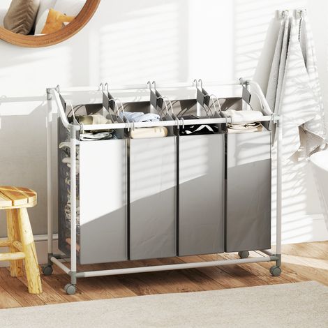 Cesto de ropa móvil, carrito para ropa sucia, cesto con ruedas con 4 bolsas extraíbles, 4 x 40 L, 97 x 38 x 81 cm, gris
