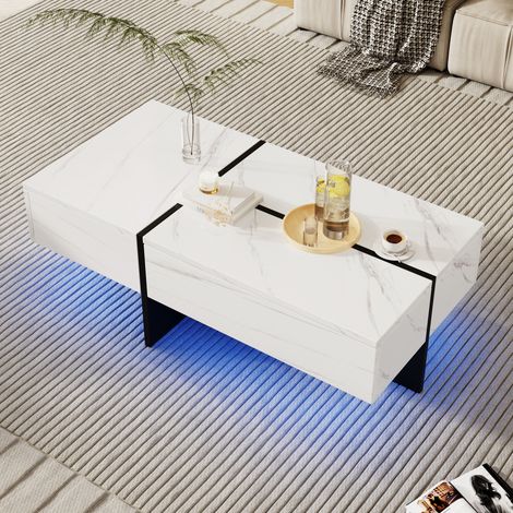 Table basse brillante avec structure imitation marbre blanc et table assortie noire, meuble de salon 100x50x34,5 cm avec système LED contrôlé par application