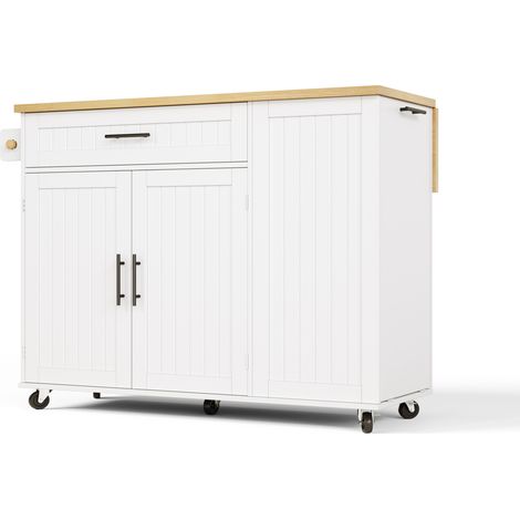 Isla de cocina móvil blanca con encimera abatible, MDF, 130 x 70 x 93 cm (1/5)