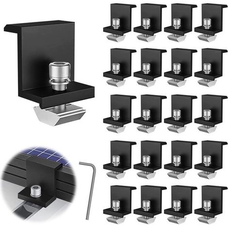 20 fijaciones para paneles solares de 30 mm, juego de montaje, apto para rieles fotovoltaicos, con llave Allen, para techo y pared. (1/5)