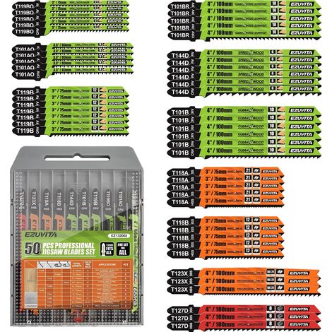 Lot de 50 Lames de Scie Sauteuse avec Étui de Rangement en Acier CR-V et HSS, Assortiment de Lames de Scie Sauteuse avec Tige en T pour Couper le Bois, le Plastique et le Métal (1/5)