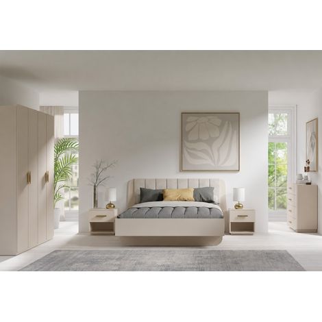 Vollständiges Schlafzimmer AMALIE beige – Bett 160x200 cm mit Lattenrost, Kleiderschrank, Kommode und 2 Nachttischen