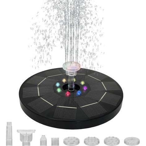 Solarbetriebene LED-Gartenfontäne – 3W schwimmende Pumpe mit 1500mAh Akku – 6 Düsen für Sprüheffekte – Höhe 30–80 cm