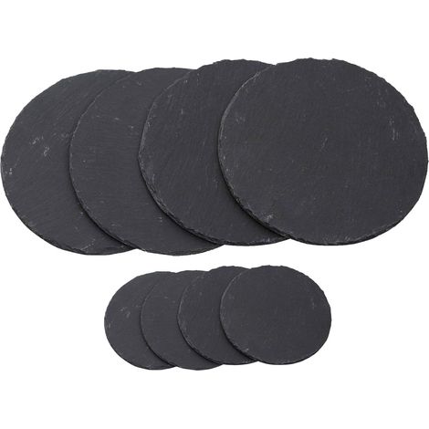 Ensemble de 8 pièces en ardoise : 4 sets de table ronds de 25 cm, 4 sous-verres ronds de 10 cm, 1 sous-verre en ardoise et 1 assiette en ardoise.