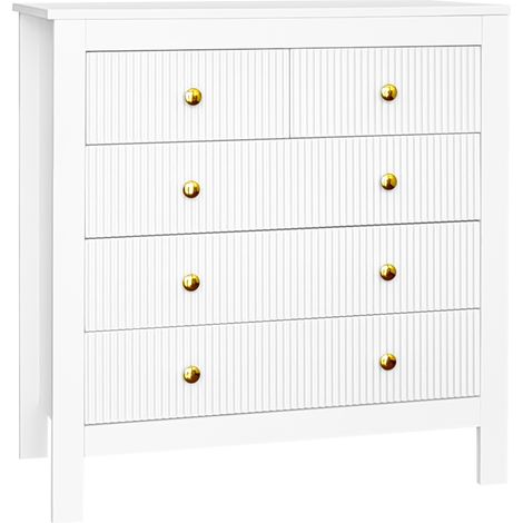 Cómoda de 5 cajones de tablero de partículas blanco con tiradores dorados HOMVRA (1/5)