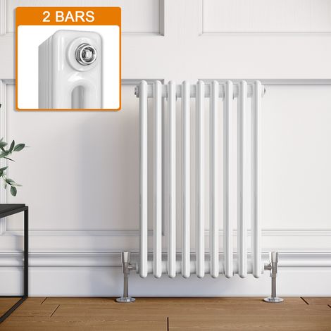 ELEGANT Traditional Column Radiator Horizontal White Double Bar Heater Central Heating + White Thermostatic Radiator Valves 600 x 420mm (1/5)