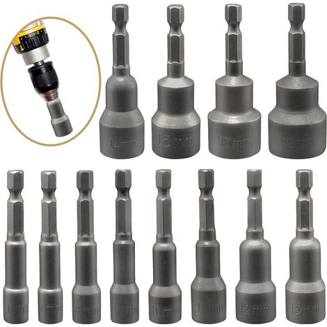 12 Pièces Douille Visseuse, Magnétique Douilles Hexagonale 6/7/8/9/10/11/12/13/14/15/17/19, Adaptateur Embouts Douilles Hexagonale