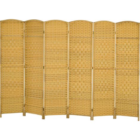 Cloison pliante en 6 panneaux, motif tissé, pin massif naturel, séparateur de pièce en bois (1/5)