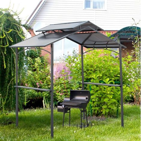 Gazebo grill 240x150x250 cm, tetto PC antipioggia e UV, 2 ripiani laterali, acciaio, nero marrone (1/5)