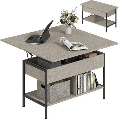Table basse relevable et extensible, table de salon avec compartiment caché étagères ouvertes, 98x49x55cm, gris (1/5)