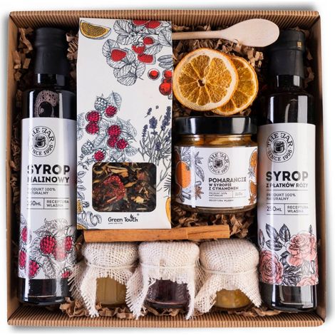 Cesta de regalo grande con té, jarabes, fruta, miel y mermeladas. (1/5)