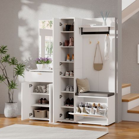 MODFU – Set ingresso 150x36x180 cm in truciolato e MDF con specchio, panca, appendiabiti, 3 ante, cassetto, anti-ribaltamento e carico 50 kg – Bianco (1/5)