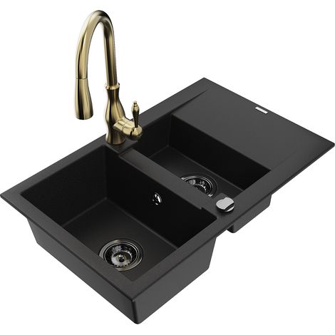 Mexen Gaspar fregadero de granito de 1,5 senos con escurridor y grifo de cocina Savita, negro - 6507-77-672601-50-B
