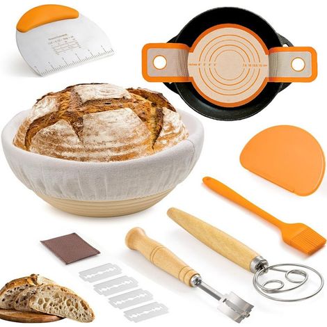 Panier à pain de fermentation de 25 cm avec tissu en lin et ustensiles. (1/4)