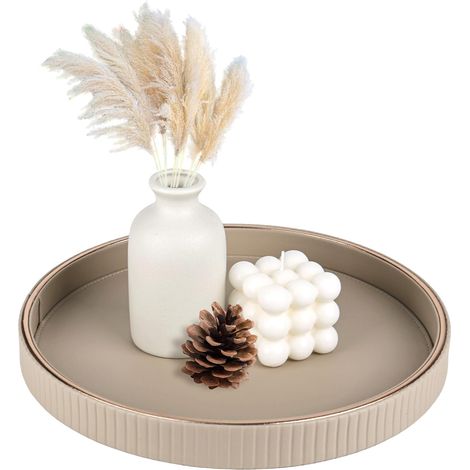 Plateau décoratif rond - Diamètre : 30 cm - En cuir synthétique - Pour cuisine, salon, chambre à coucher, salle de bain - Beige (1/5)