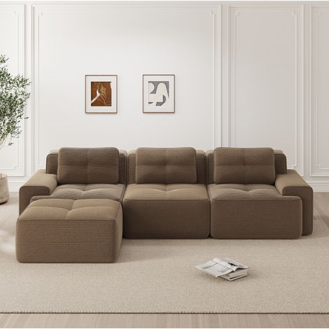 Canapé modulable en velours côtelé, Canapé d'angle 3 places en L avec repose-pieds amovibles, 74 cm assise profonde, sans assemblage - Marron (1/5)