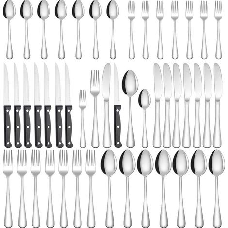 Ménagère 48 pièces - Acier inoxydable - Comprend couteaux, fourchettes et cuillères à steak - Pour 7 personnes - Idéale pour la maison, les fêtes et les restaurants - Compatible lave-vaisselle (1/5)