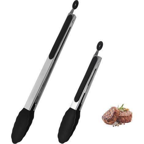 Stainless Steel Kitchen Tongs Barbecue Tongs with Silicone Tip, Set of 2, 40 cm and 11 cm Long Kitchen Tongs, for Meat, Spaghetti, Sausage Tongs (1/5)