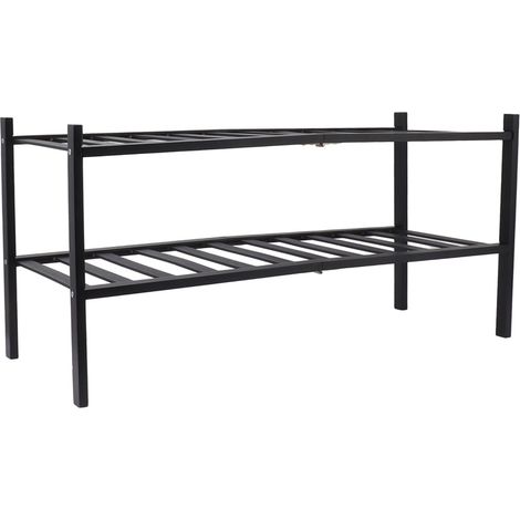 Étagère à chaussures empilable à 2 niveaux, imperméable et indéformable, en bambou, noire, idéale pour balcon. (1/5)