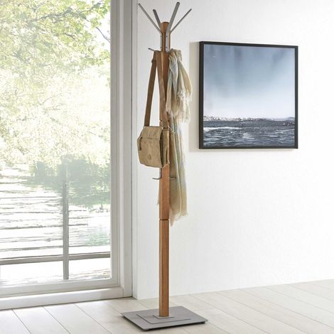 Portemanteau 40x40x184 cm en chêne massif et métal blanc