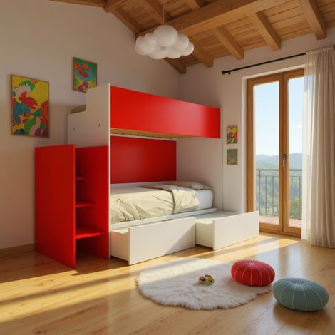 Letto a castello minimalista con terzo letto estraibile - Bianco e Rosso