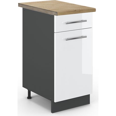 Mueble bajo de cocina Fame-Line, Blanco alto brillo, 40 cm , ET Roble, Vicco