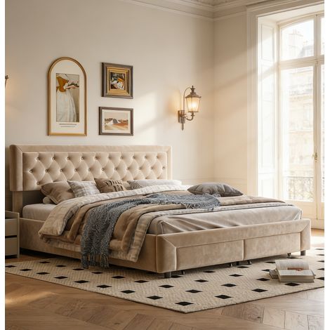 Lit Coffre Double 180x200cm Velours Beige Tête Lit Rivetée Tiroirs Hydraulique Moderne